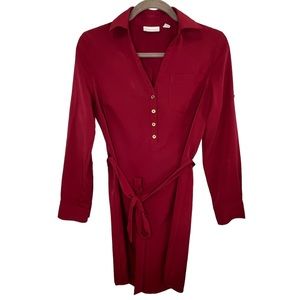 New York & Co maroon half button waist strap collar dress size XS *